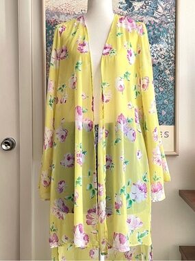 Yellow Floral Kimono Duster Medium Sheer Cover Up Robe Fairy Boho Beach Festival